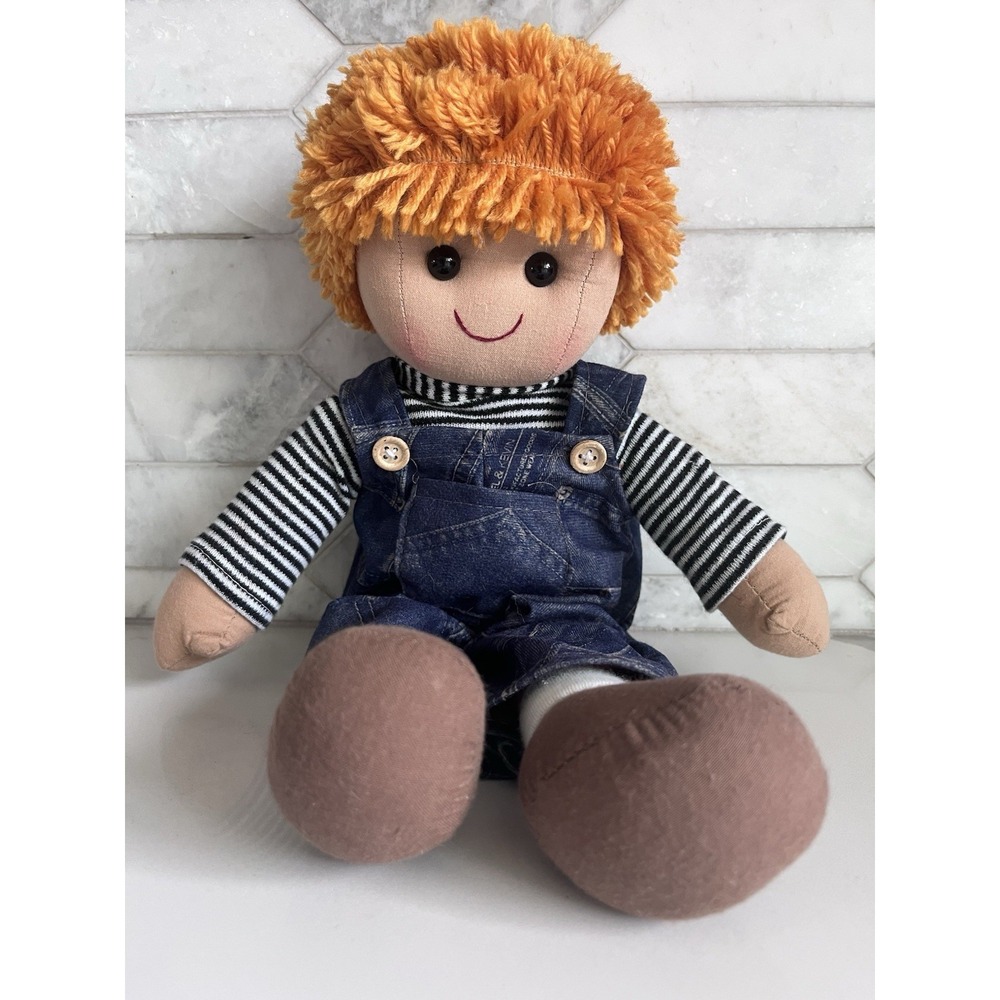 Hopscotch Soft Rag Doll Boy 14" Dressed Doll Button Eyes Red Hair Overalls